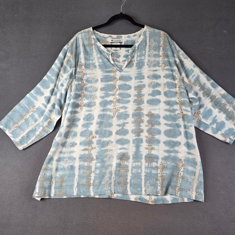 Columbia Tunic Top Women 2X Blue Tie Dye Boho 3/4 Sleeve